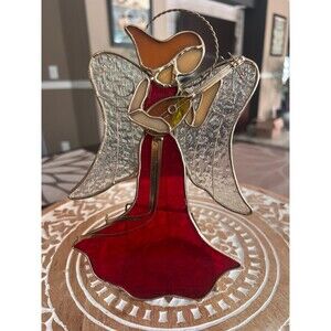 Vintage Stained Glass Christmas Angel Candle Holder Red Gold Holding Mandolin